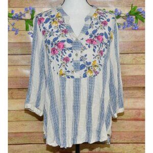Hope Springs Ladies Floral Striped V-Neck 1/4 Button Up Blouse Size L 3/4 Sleeve